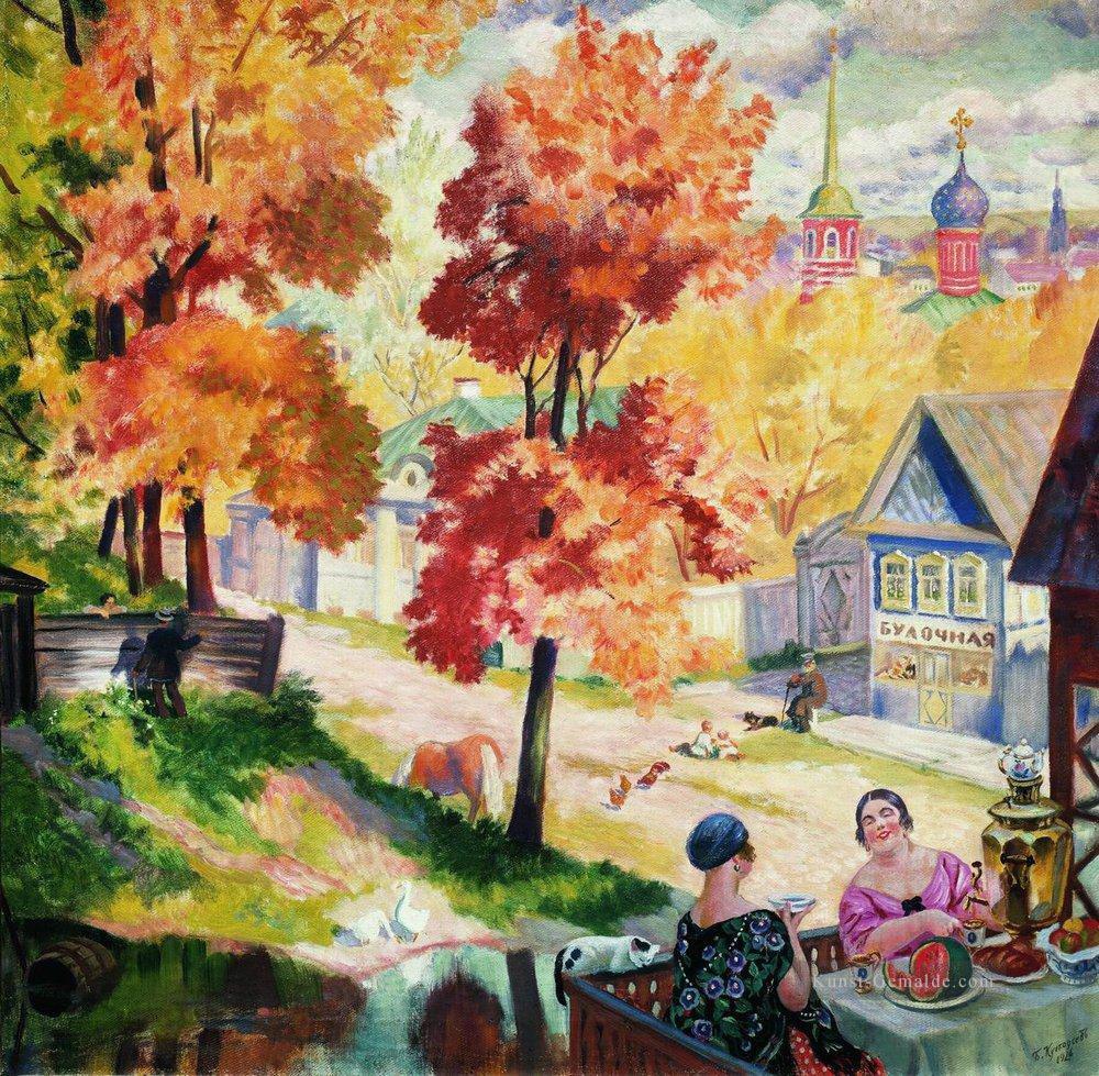 Herbst in der Provinz Teatime 1926 Boris Mikhailovich Kustodiev Gartenlandschaft Ölgemälde